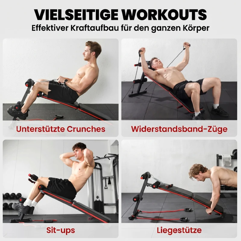 HOMCOM Sit Up Bank Bauchtrainer mit Trainingsseile Trainingsbank Multifunktion Verstellbar&klappbar 110 kg Belastbarkeit Stahl Schwarz+Rot 137 x 51 x 50-66 cm