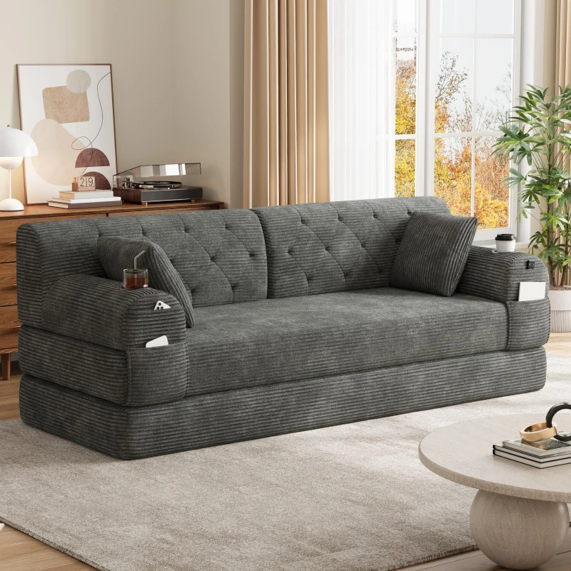 3-Seater Sleeper Sofa with Corduroy High-Back and High-Density Foam, Space-Saving Sofa Bed with 4 Side Pockets, 208L x 80W x 81H cm, Dark Gray