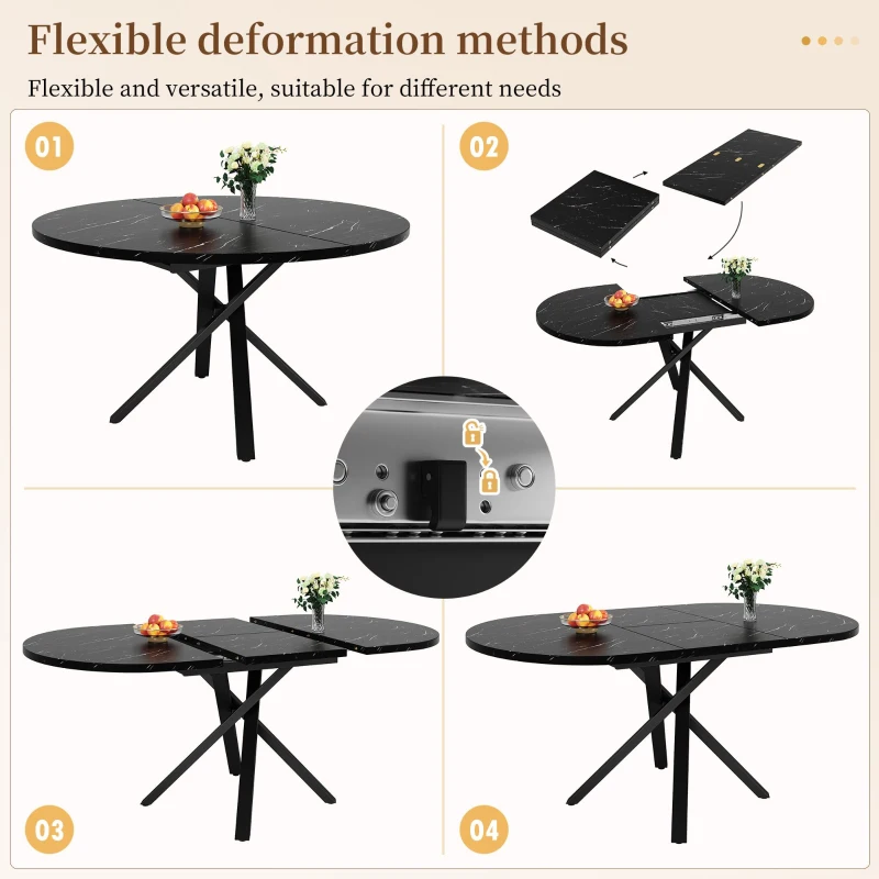 Extendable Dining Table with Marble-Effect Top, Space-Saving Round Table with Sturdy X-Shaped Metal Frame, 100L x 100W x 75.5H cm, Black