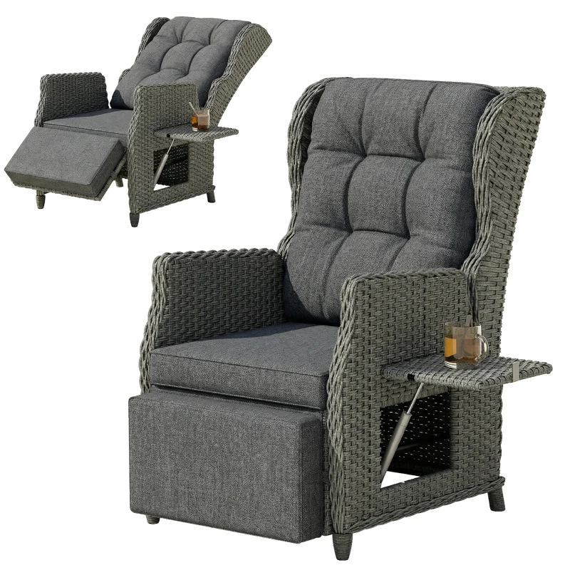 Outsunny Rattanstuhl mit Klapptisch, Liegestuhl Gartenstuhl Verstellbare Rückenlehne und Fußstütze 81 x 58 x 98,5 cm Dunkelgrau