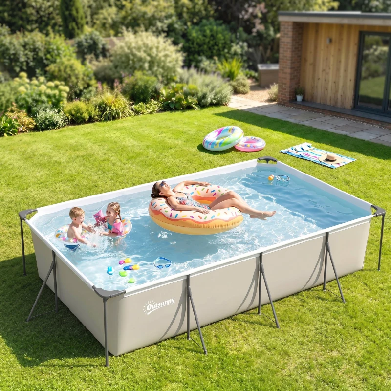 Outsunny Piscine Tubulaire Rectangulaire Piscine Hors Sol Nouvelle Structure Stable Antirouille 394,5x208,3x80,5cm Gris