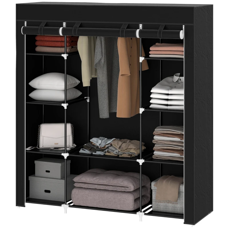 HOMCOM Stoffen Kledingkast van Vlies, Opvouwbare Kast, 1 Kledingstang, 9 Planken, 150 cm x 43 cm x 162,5 cm, Zwart