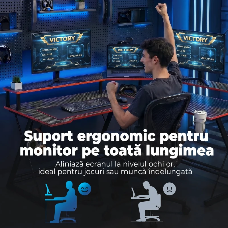 HOMCOM Birou în L cu Prize, 128 cm cu Suport Monitor