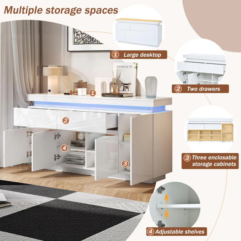 High-Gloss Sideboard with App-Controlled RGB LED Lighting, Freestanding Storage Cabinet with Adjustable Shelves, 140L x 35W x 72.5H cm, White