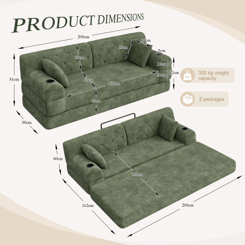 3-Seater Sleeper Sofa with Corduroy High-Back and High-Density Foam, Space-Saving Sofa Bed with 4 Side Pockets, 208L x 80W x 81H cm, Green