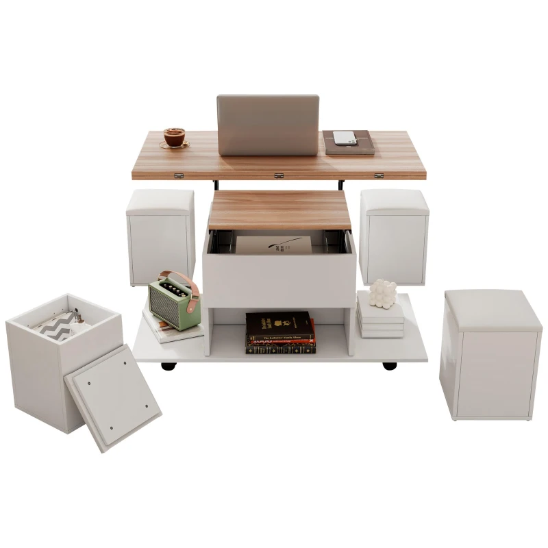 Lift-Top Coffee Table with Hydraulic Lift, Stylish Side Table with 2 Open Shelves, 100L x 50W x 48H cm, Natural+White
