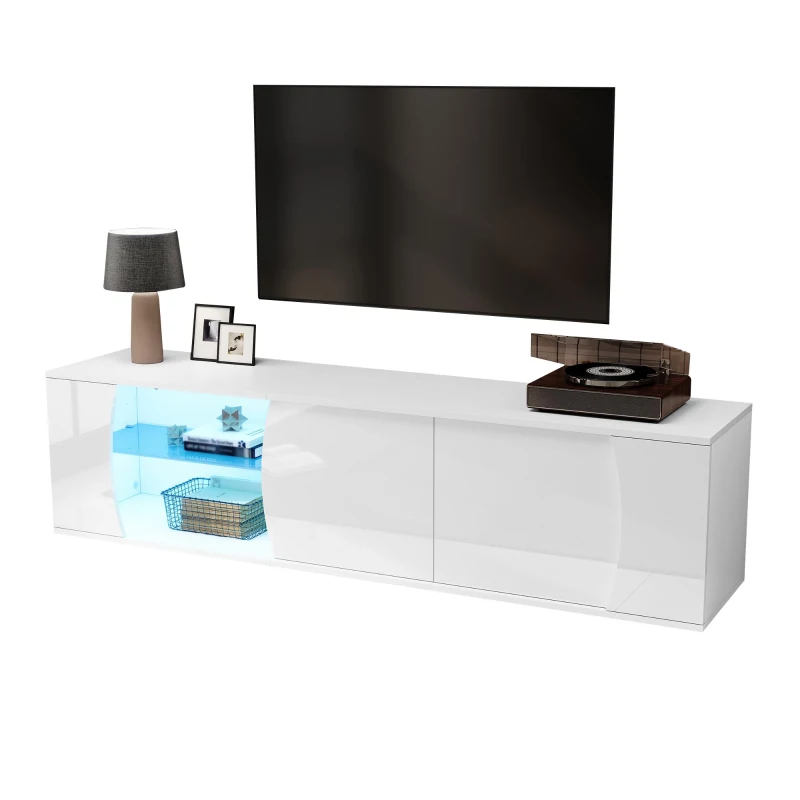 Freestanding TV Cabinet with LED Ambient Lighting and Tempered Glass Display, Modern Lowboard with 3 Doors, 180L x 40W x 45H cm, White
