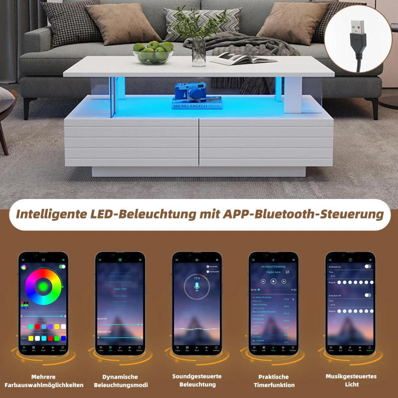 Sleek LED Coffee Table with App-Controlled Lighting, Stylish Center Table with Open Storage Shelf, 100L x 50W x 42.5H cm, White