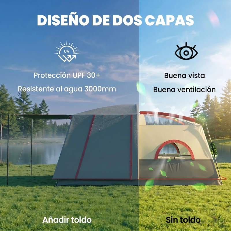 Outsunny Tienda de Campaña Familiar 4 Personas con 2 Habitaciones Zona de Estar y Protección Impermeable 430x305 cm Rojo