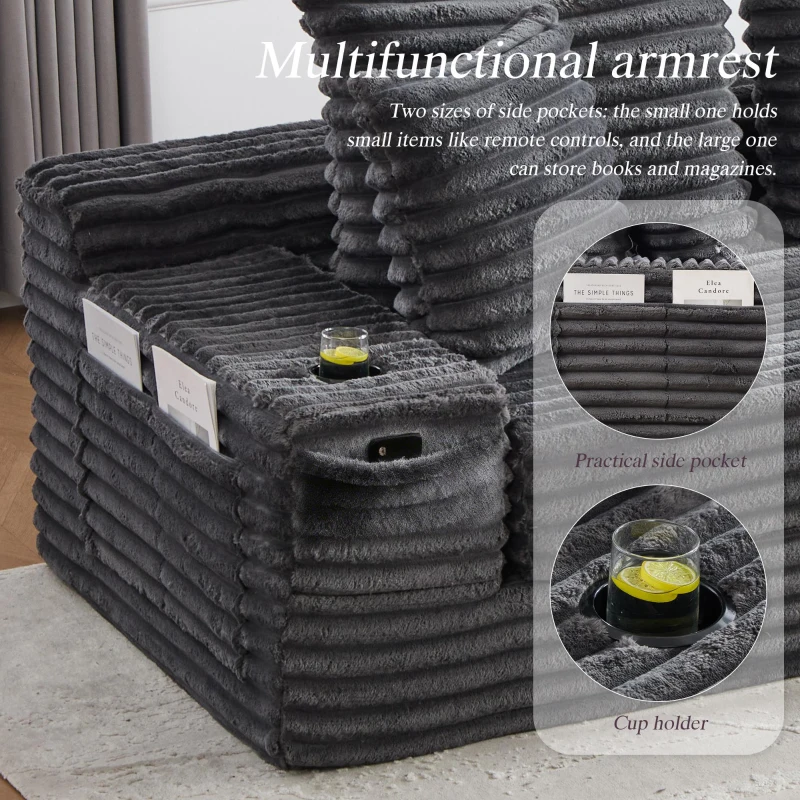Convertible Sofa Bed with High Backrest and Extra Pillow, Ribbed Corduroy Couch with Dual Side Pockets, 107.5L x 38.5W x 34H cm, Dark Gray