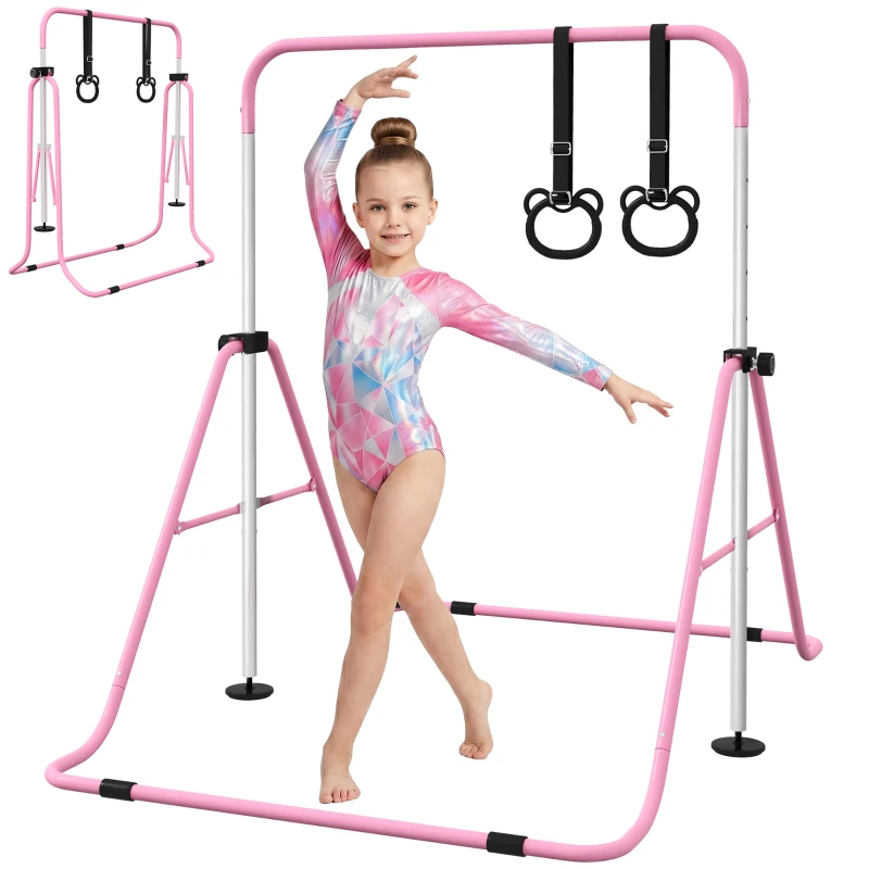 HOMCOM Barre de gymnastique pour enfants, barre horizontale pliable à hauteur réglable avec anneaux de gymnastique, rose