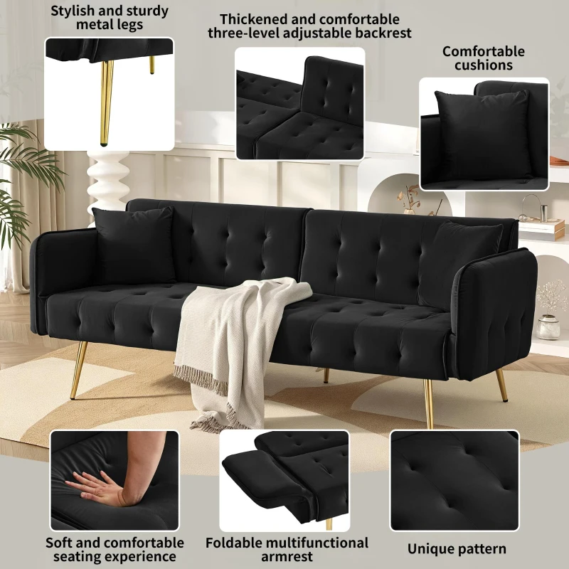 2-Seater Sofa Bed with Independently Adjustable Backrests, Space-Saving Folding Sofa with Multi-Position Armrests, 178L x 82W x 70H cm, Black