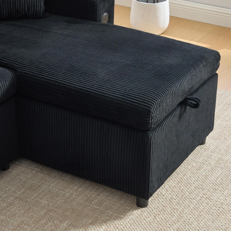 Contemporary 4-Seater Sofa with 2 Chaise Longues, Ribbed Corduroy Couch with Built-In Cup Holders, 272L x 136W x 86H cm, Black