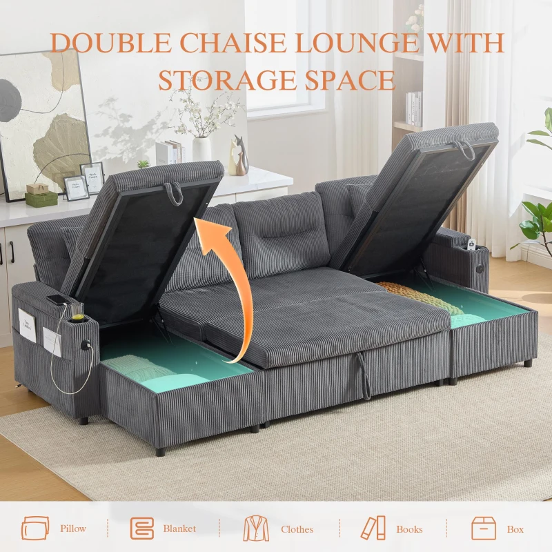 Contemporary 4-Seater Fabric Sofa with 2 Chaise Longues, Minimalist U-Shaped Couch with Integrated Cup Holders, 272L x 136W x 86H cm, Dark Gray
