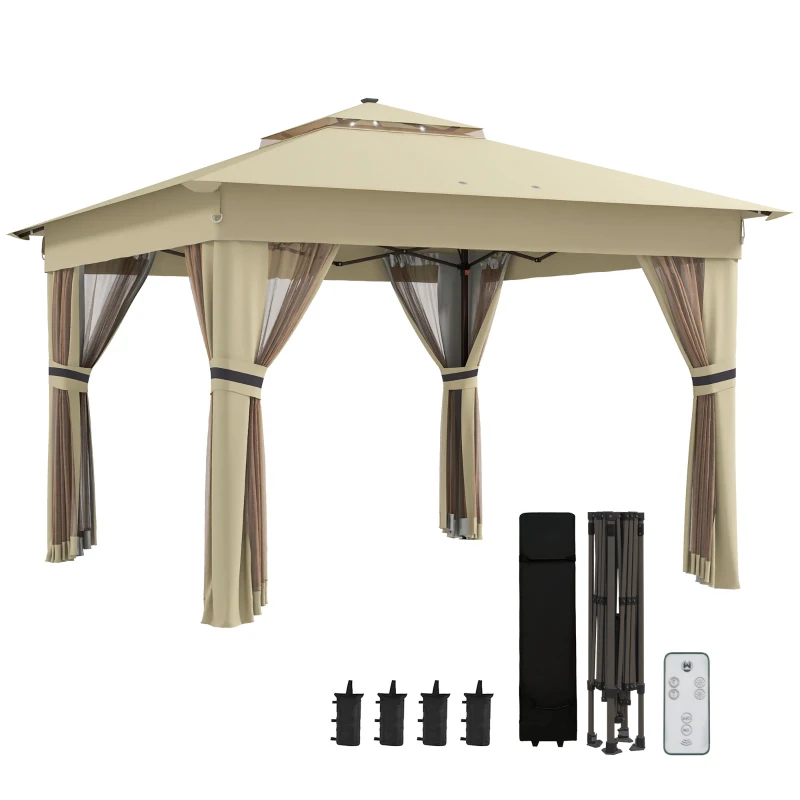 Outsunny Pavillon 3,3x3,3m Wasserabweisend Pop-up Faltpavillon mit LED, Doppeldach, Moskitonetz 4 Seitenteilen Tasche