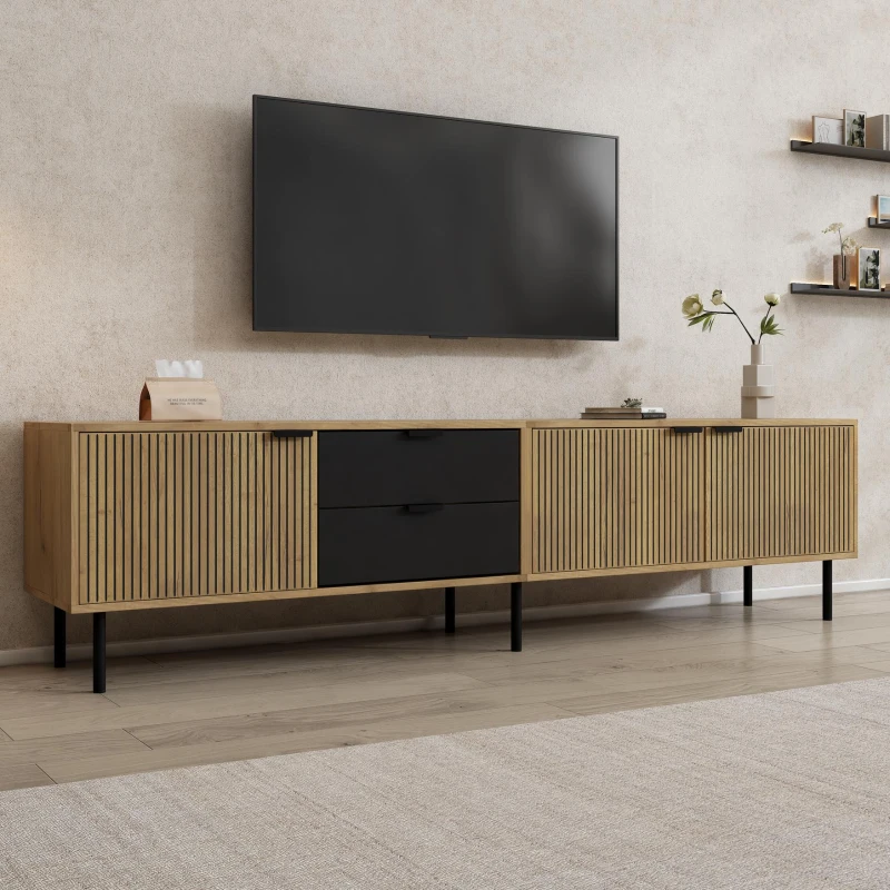 Durable TV Unit with Integrated Cable Management, Modern Lowboard with 2 Drawers and 3 Cabinets, 208L x 40W x 48H cm, Natural