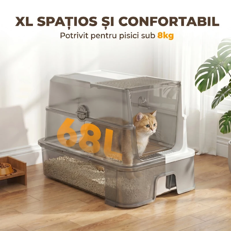 PawHut Litieră Acoperită 3 în 1 pentru Pisici, 68 L, cu Capac, Tavă Detașabilă din Oțel Inoxidabil, Lopățică, Alb și Gri