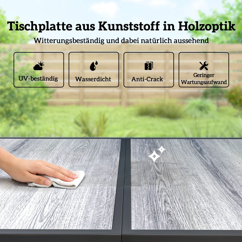 Outsunny Gartenmöbel Set Sitzgruppe 150 x 80cm Tisch mit 6 Atmungsaktiven Stühlen Holzoptik Stahlrahmen Schwarz
