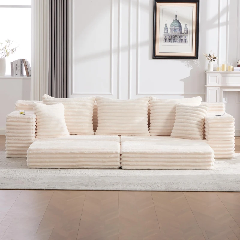 Convertible Sofa Bed with High Backrest and Extra Pillow, Ribbed Corduroy Couch with Dual Side Pockets, 107.5L x 38.5W x 34H cm, Beige