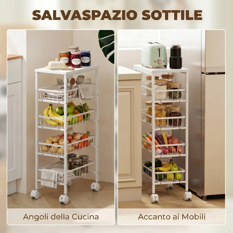 HOMCOM Carrello in Metallo a 4 Ripiani con Cestelli Estraibili, Bianco