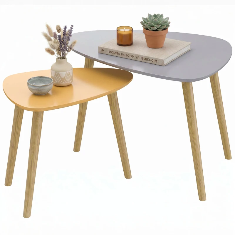 HOMCOM Lote de 2 Mesas de Centro Anidadas de Diseño Escandinavo con Patas de Madera y Tablero de Madera Gris y Amarillo