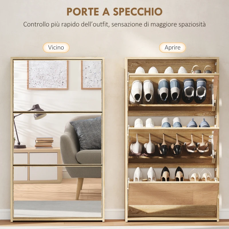 HOMCOM Scarpiera a Specchio con 3 Cassetti a Ribalta per 9 Paia di Scarpe, in Legno, 65x17x114.5 cm, Color Legno