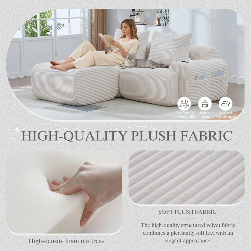 Modular 2-Seater Sofa with Foam-Filled Plush Seats, Beige Corduroy Couch with Built-In Cup Holder, 200L x 174W x 80H cm, Beige