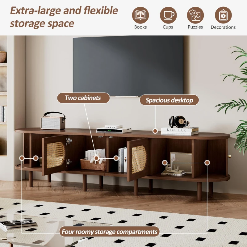 Stylish Oval TV Cabinet with Rattan-Style Fronts, Sturdy Lowboard with 30 kg Load Capacity, 180L x 40W x 40H cm, Walnut