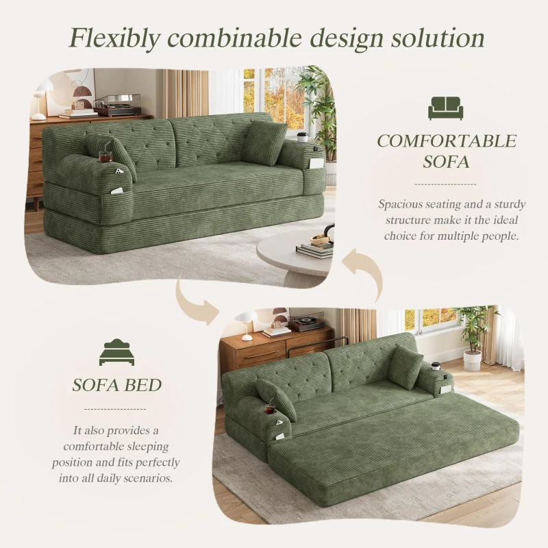 3-Seater Sleeper Sofa with Corduroy High-Back and High-Density Foam, Space-Saving Sofa Bed with 4 Side Pockets, 208L x 80W x 81H cm, Green