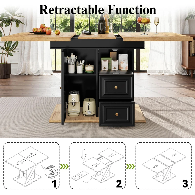 Concealed Telescopic Kitchen Table with High-Density MDF Tabletop, Extendable Dining Table with Built-In Leg Storage, 110L x 80W x 75H cm, Black