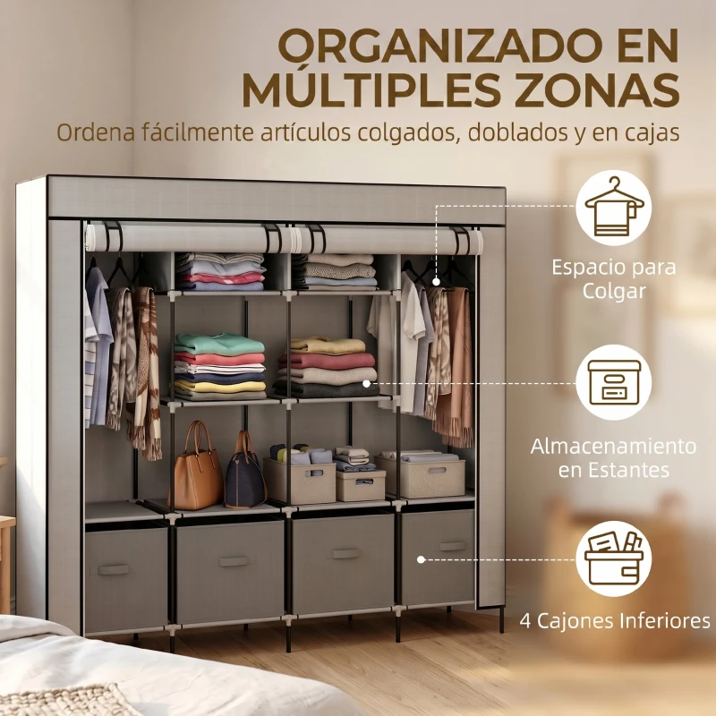 HOMCOM Armario Ropero de Tela Armario Portátil con 10 Compartimentos 2 Rieles Colgantes y 4 Cajones 166x42,5x169,5 cm Gris