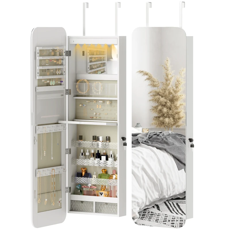 HOMCOM Espejo Joyero con Luz LED Montado en la Pared o en la Puerta con Cerradura Espejo Entero 2 Cajones Blanco