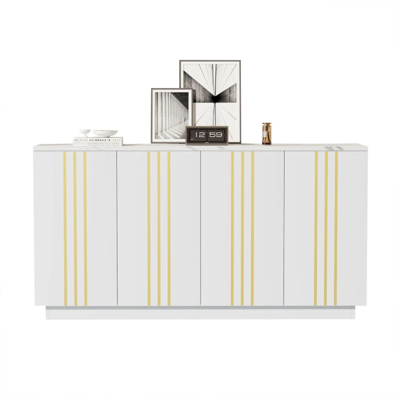 Living Room Sideboard with Elegant Metallic Vertical Lines, Freestanding Storage Cabinet with 4 Doors, 140L x 35W x 70H cm, White