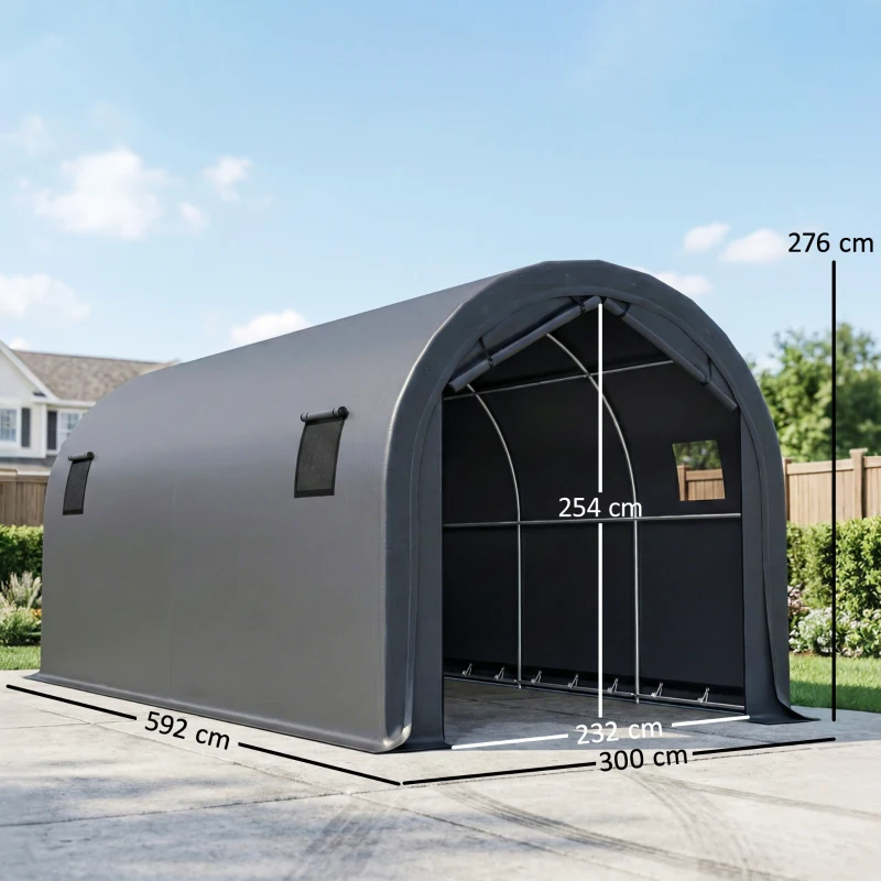 Outsunny Carport 3x6m, Garaj Portabil cu Ușă și Ferestre, Gri Închis