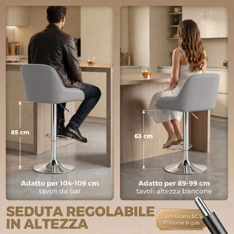 HOMCOM Set 2 Sgabelli da Bar con Schienale, Girevoli e Regolabili in Altezza, Finta Pelle, Grigio Chiaro