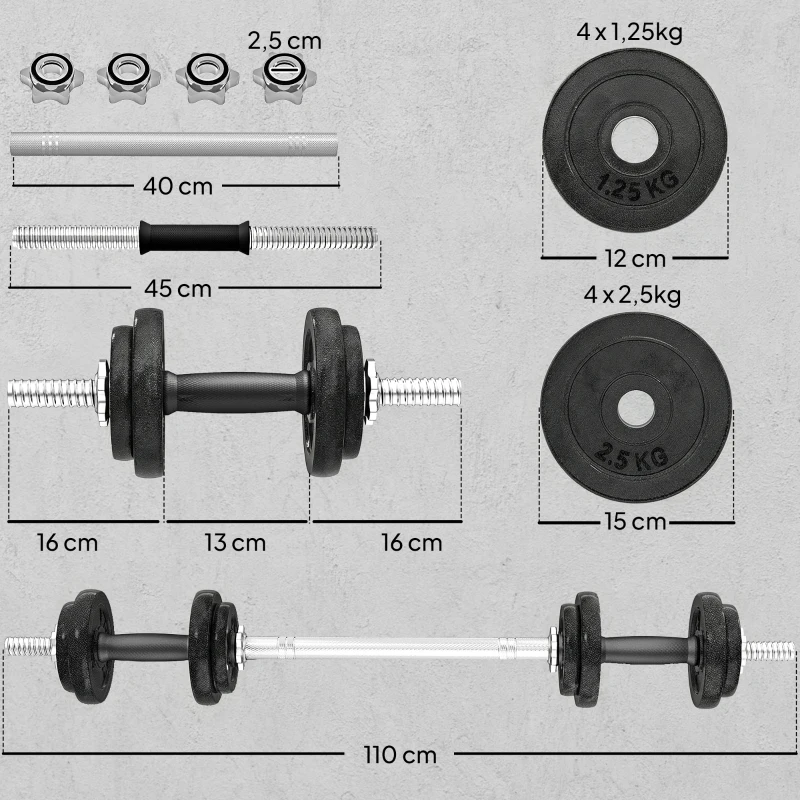 SPORTNOW Hantelset 2-in-1 Kurzhanteln Langhanteln verstellbar bis 20 KG mit rutschfestem Griff für Krafttraining Zuhause Grau