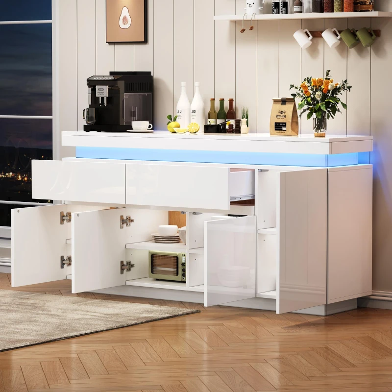 High-Gloss Sideboard with App-Controlled RGB LED Lighting, Freestanding Storage Cabinet with Adjustable Shelves, 140L x 35W x 72.5H cm, White