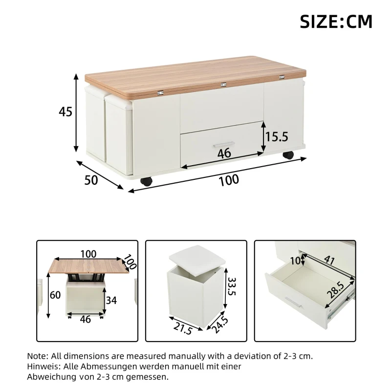 Extendable Lift Top Coffee Table with Hydraulic Lift, Space-Saving Center Table with 4 Hidden-Storage Stools, 100L x 50W x 45H cm, White+Natural