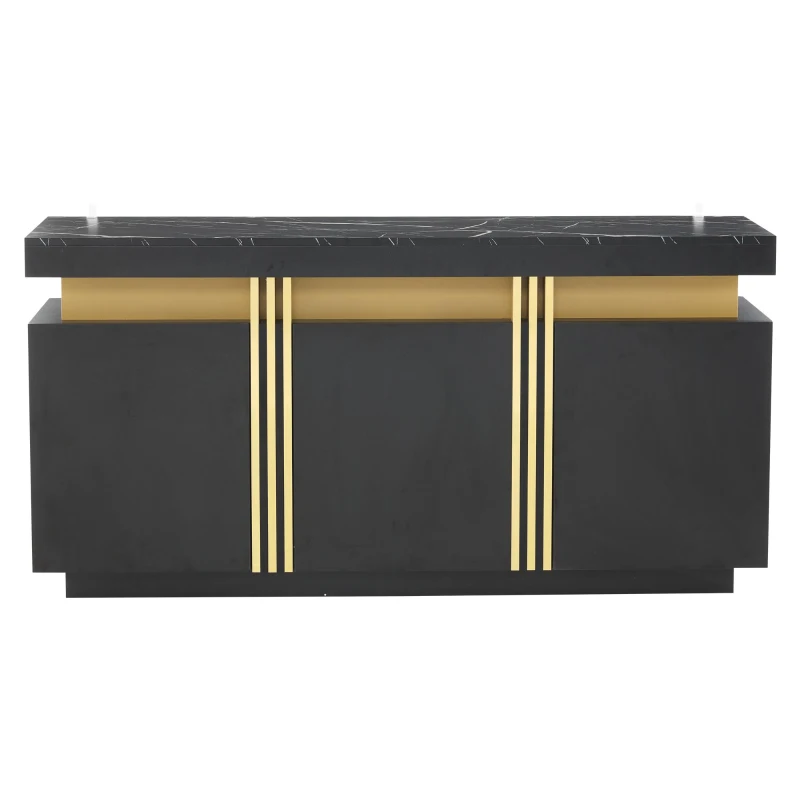 Modern Sideboard with Faux Marble Top and Anti-Tip Fixings, Luxury Storage Unit with Adjustable Shelves, 140L x 38W x 70H cm, Black