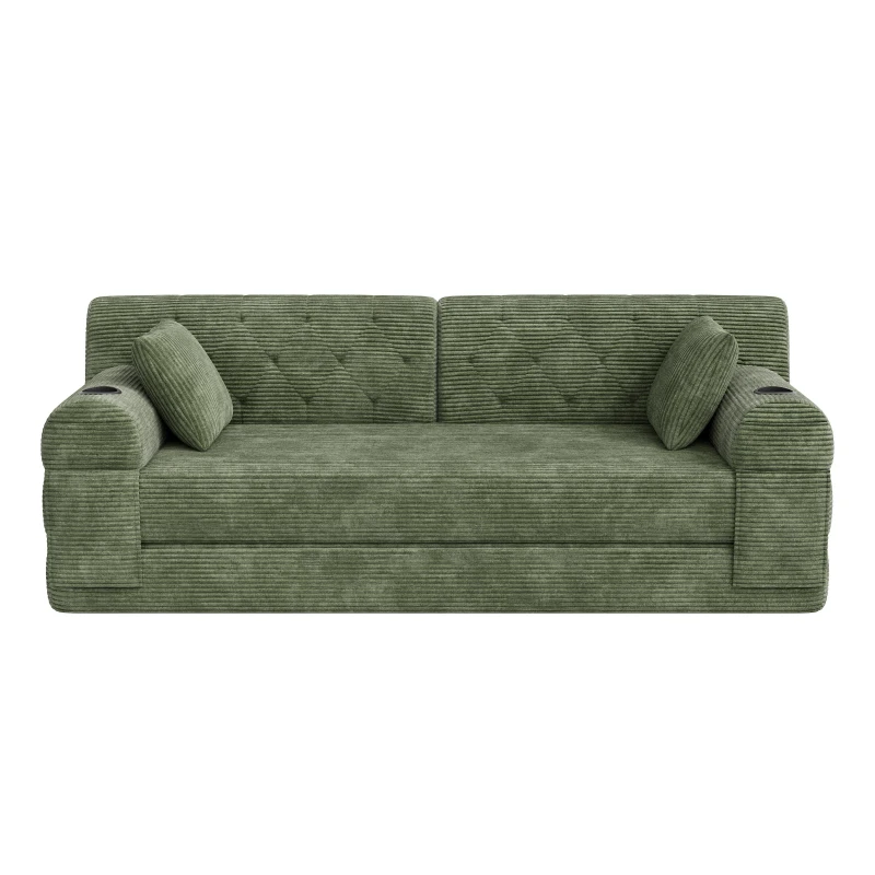 3-Seater Sleeper Sofa with Corduroy High-Back and High-Density Foam, Space-Saving Sofa Bed with 4 Side Pockets, 208L x 80W x 81H cm, Green