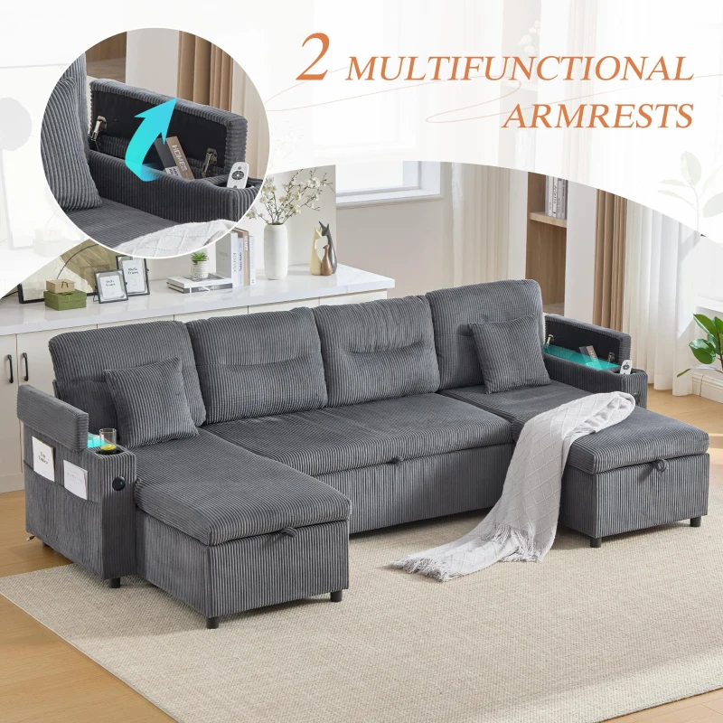 Contemporary 4-Seater Fabric Sofa with 2 Chaise Longues, Minimalist U-Shaped Couch with Integrated Cup Holders, 272L x 136W x 86H cm, Dark Gray