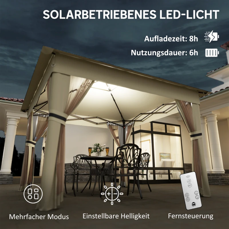 Outsunny Pavillon 3,3x3,3m Wasserabweisend Pop-up Faltpavillon mit LED, Doppeldach, Moskitonetz 4 Seitenteilen Tasche