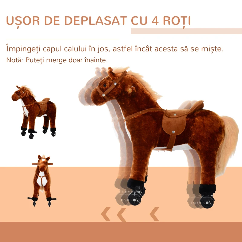 HOMCOM Căluț Balansoar pentru Copii 3+ Ani cu 4 Rotile și Sunete Realiste și Suport pentru Picioare, 65x28x75 cm, Maro