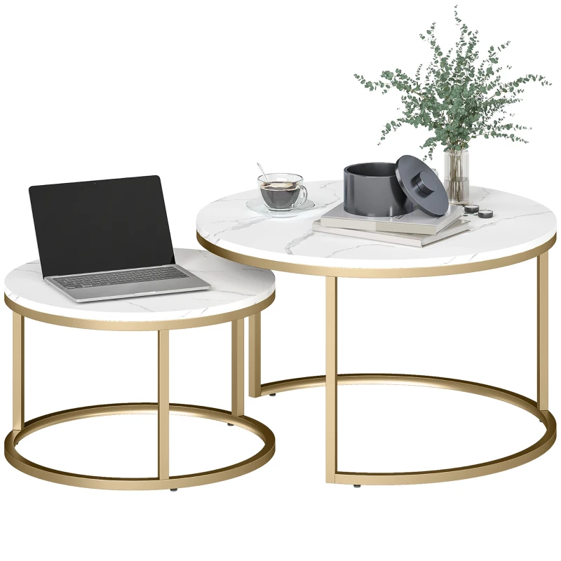 HOMCOM 2er-Set runde Couchtische, stapelbare Beistelltische mit Metallrahmen, Wohnzimmertisch in Marmoroptik, Kaffeetisch, Grau