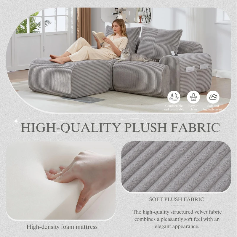Modular 2-Seater Sofa with Foam-Filled Plush Seats, Light Grey Corduroy Couch with Built-In Cup Holder, 200L x 174W x 80H cm, Light Gray