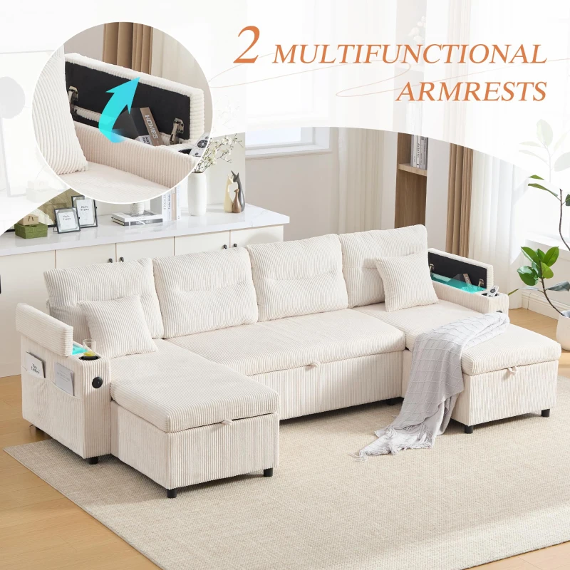 Contemporary 4-Seater Sofa with 2 Chaise Longues, Ribbed Corduroy Couch with Built-In Cup Holders, 272L x 136W x 86H cm, Beige