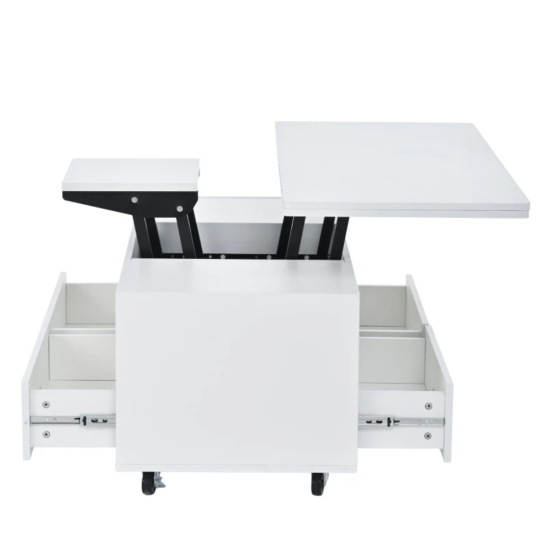 Extendable Lift-Top Coffee Table with Two Lift-Up Tabletops and Castors, Space-Saving Dining Table with four drawers, 100L x 50W x 47.5H cm, White