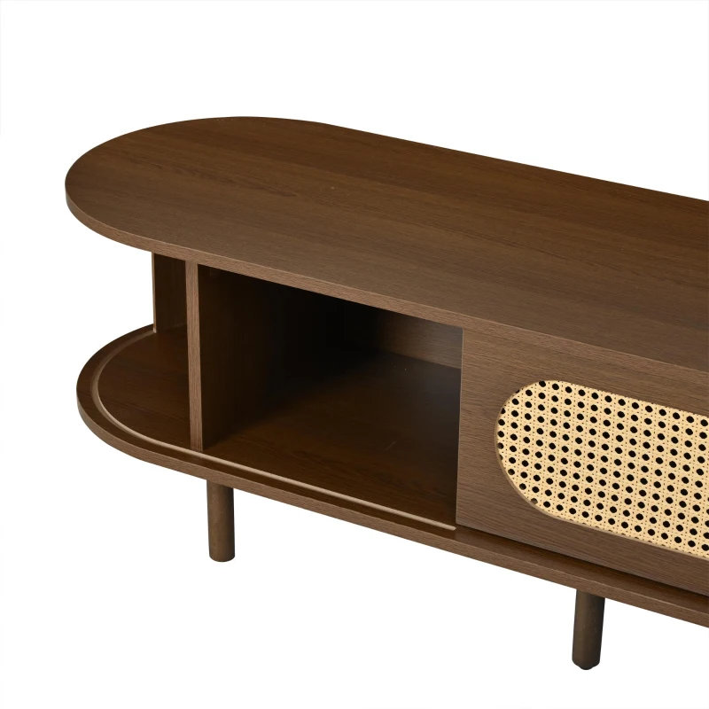 Stylish Oval TV Cabinet with Rattan-Style Fronts, Sturdy Lowboard with 30 kg Load Capacity, 180L x 40W x 40H cm, Walnut