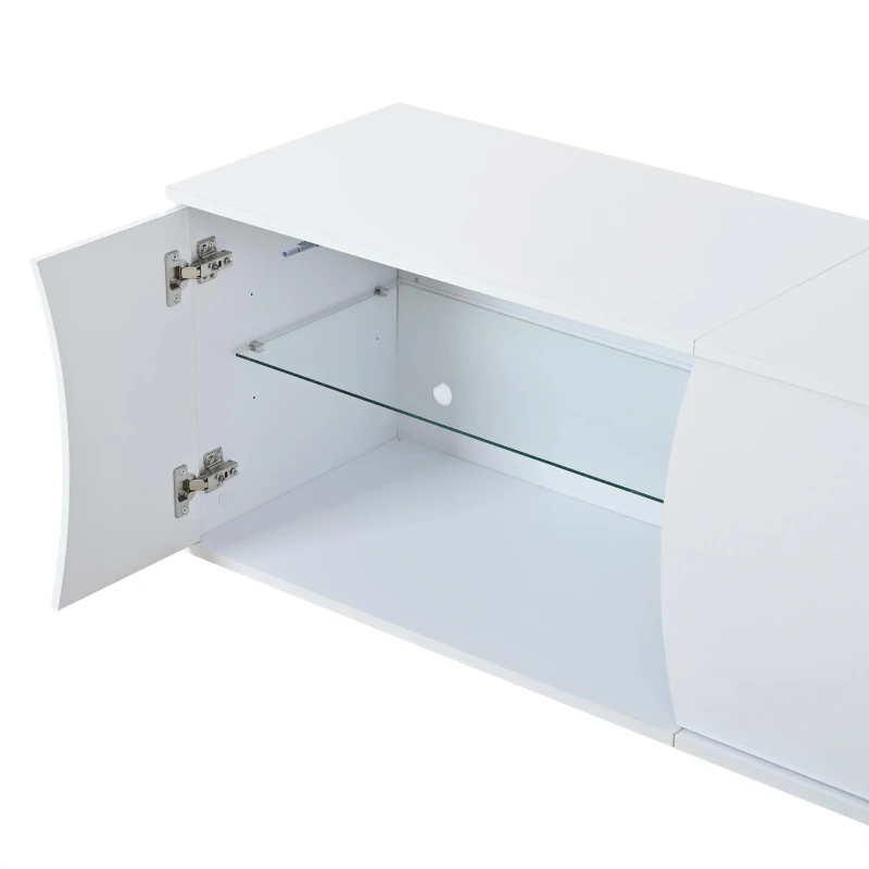 Freestanding TV Cabinet with LED Ambient Lighting and Tempered Glass Display, Modern Lowboard with 3 Doors, 180L x 40W x 45H cm, White