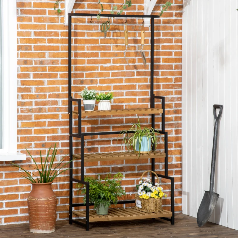Outsunny Porte plante suspendue en bois 3 niveaux + barre support avec 4 crochets pour pots suspendus 80 x 36 x 174 cm